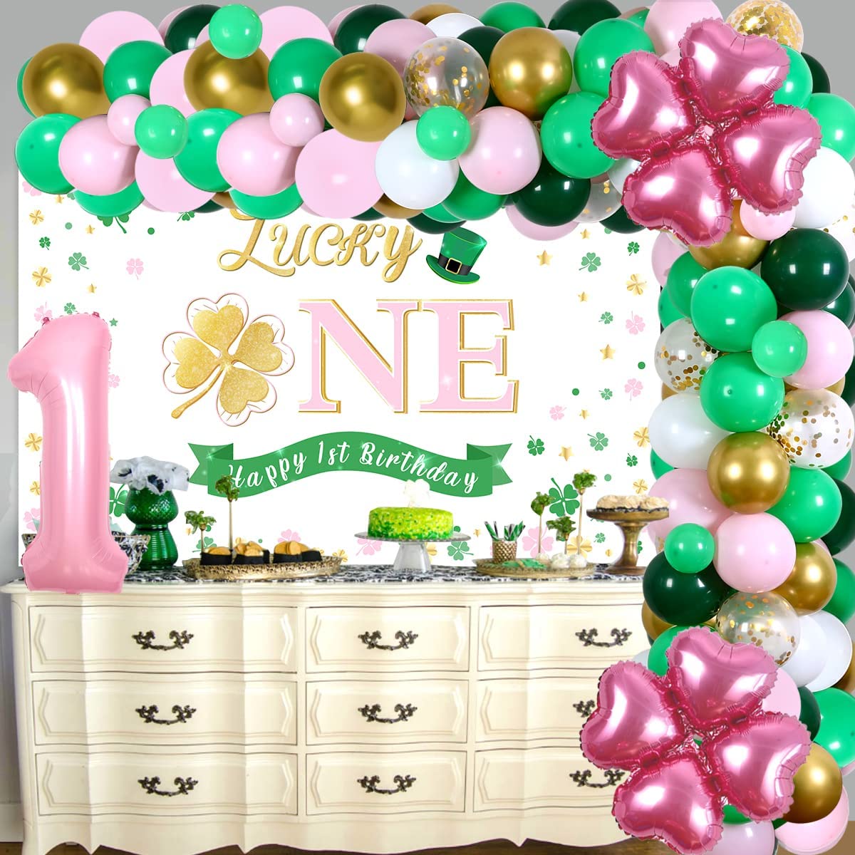 Lucky One Birthday Decorations Girls, St. Patrick's Day Green 1st Birthday  Party with Lucky One Happy Birthday Backdrop, Pink Lucky Four Leaf Number 1